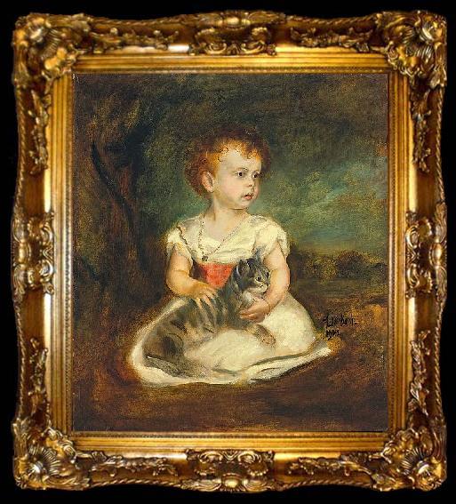framed  Franz von Lenbach Portrait of a little girl with cat, ta009-2